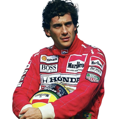Close-up shot of Ayrton Senna’s 1991 racing suit stitching and sponsor logos, capturing the fine craftsmanship and detail that made this McLaren suit iconic.