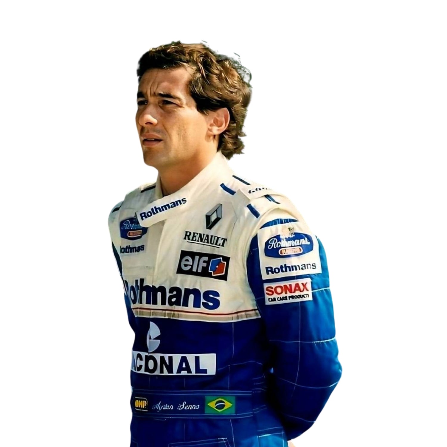 Right Side profile of the 1994 racing suit worn by Ayrton Senna, highlighting the sharp, dynamic lines and bold colors that defined his final racing season.
