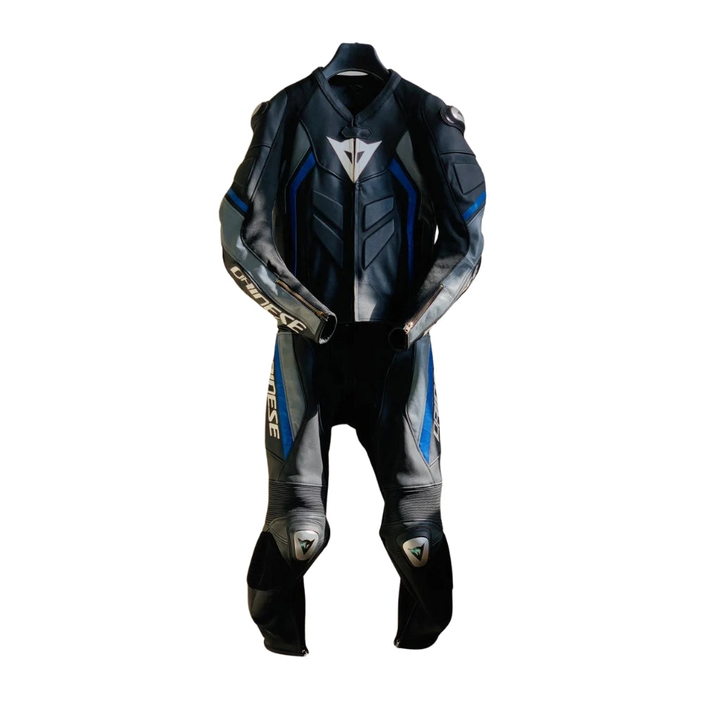 Black and Blue Super Speed D1 Two-Piece Motorcycle Leather Suit Metal D1