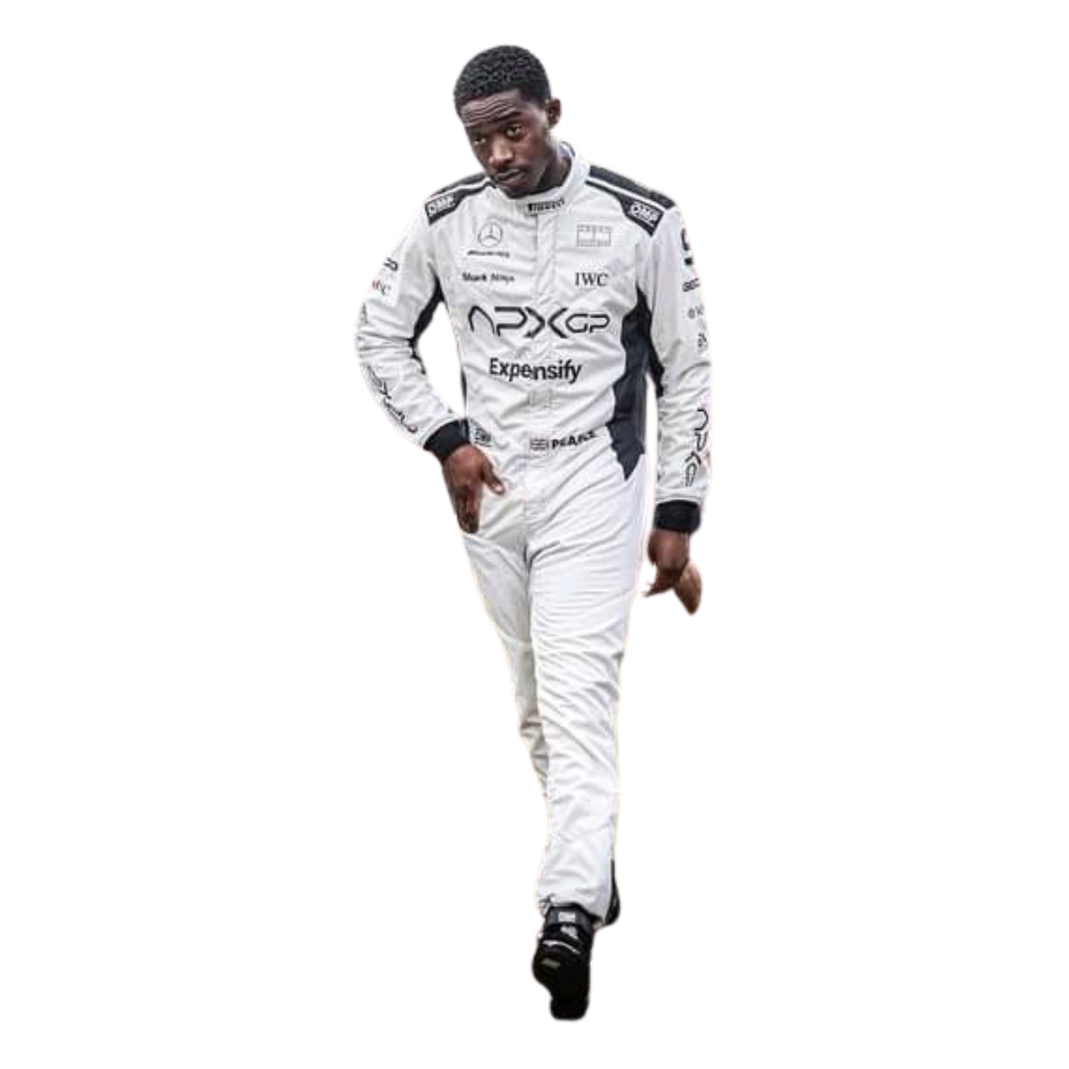 Damson Idris 2025 F1 movie racing suit front view with authentic motorsport styling