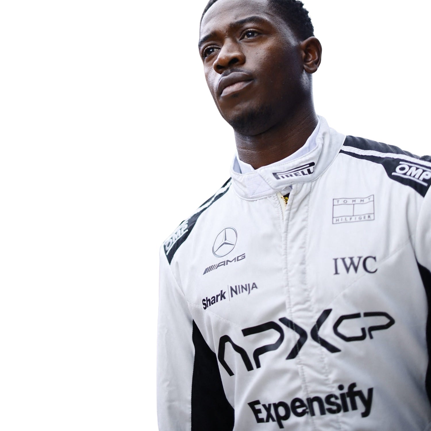 Detailed close-up of Damson Idris 2025 F1 racing movie suit stitching and logos