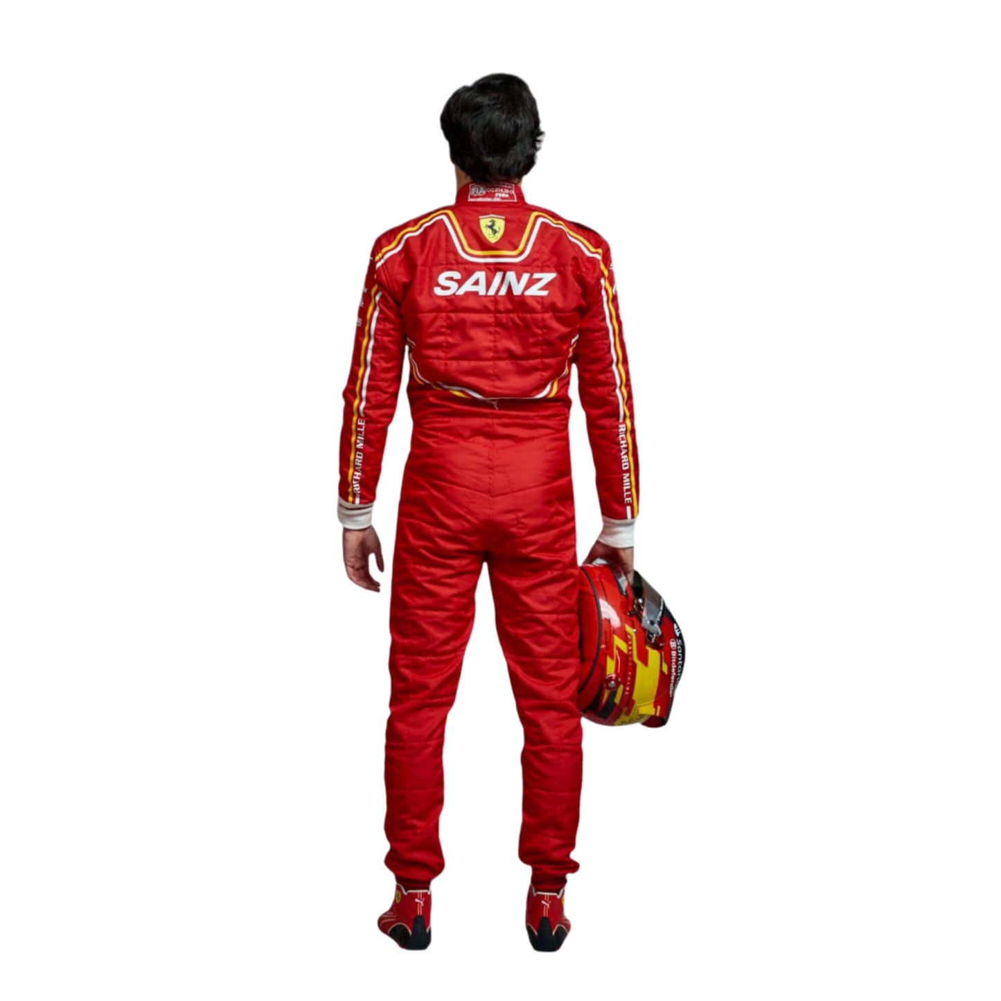 Carlos Sainz wearing a 2024 Ferrari red F1 racing suit with 'Sainz' branding on a white background