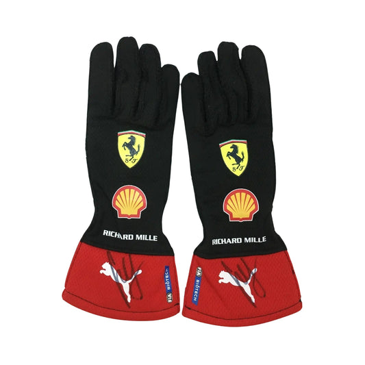Black and red Carlos Sainz Jr 2023 F1 race gloves with logos on a white background