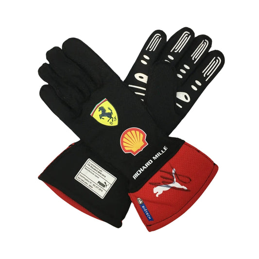 Pair of black Carlos Sainz Jr 2023 F1 race gloves with logos on a white background