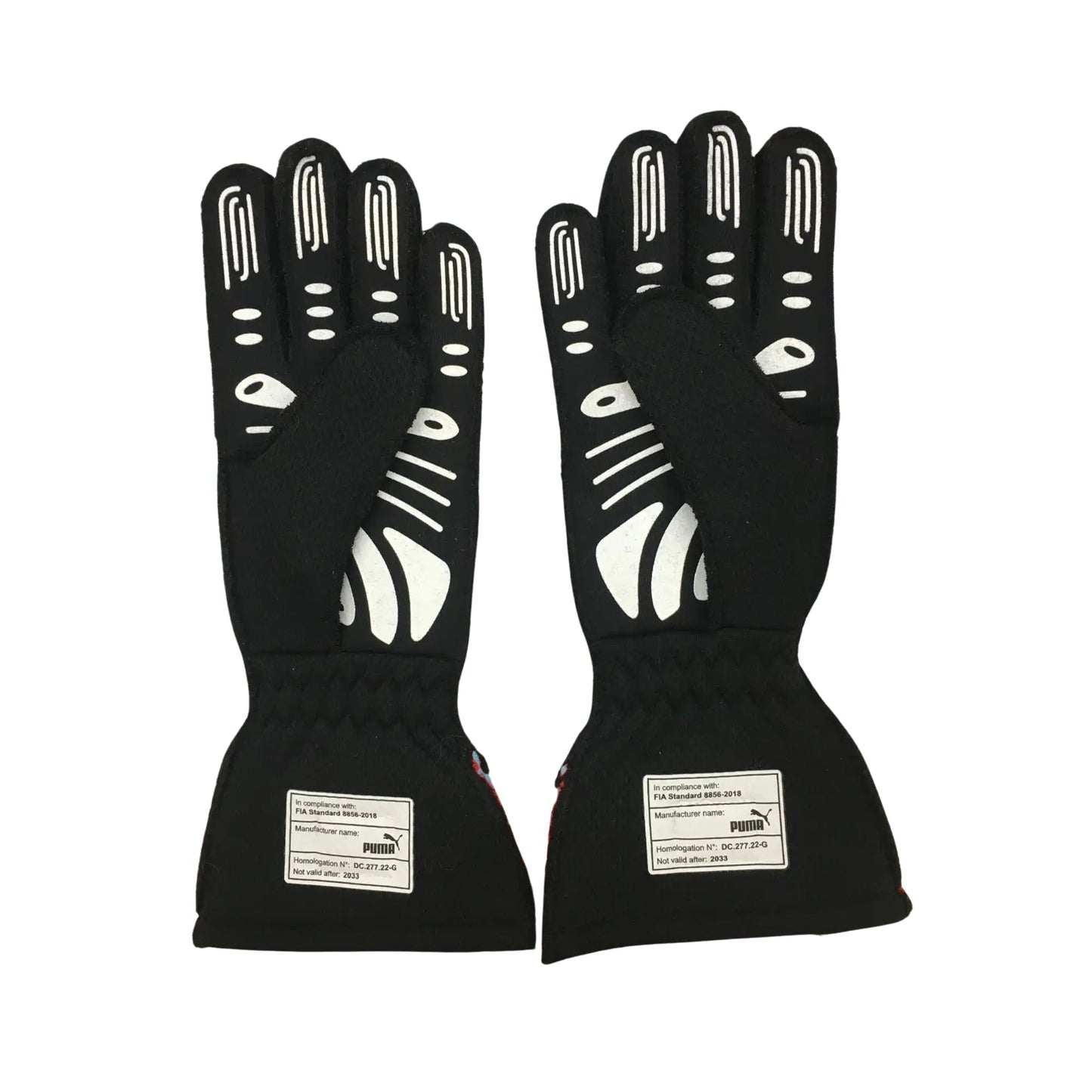 Pair of black Carlos Sainz Jr 2023 F1 race gloves with white accents on a white background