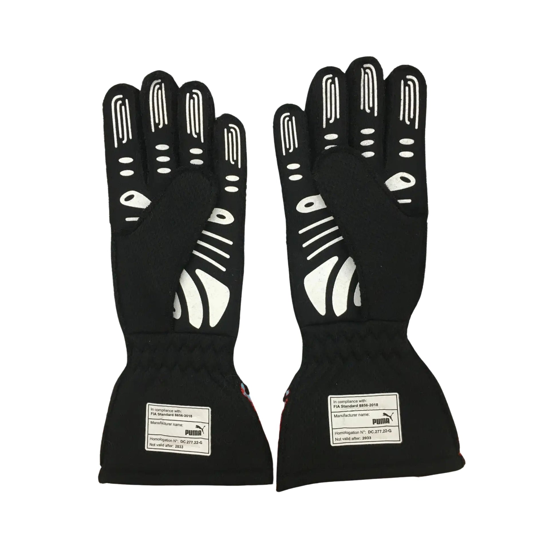 Pair of black Carlos Sainz Jr 2023 F1 race gloves with white accents on a white background