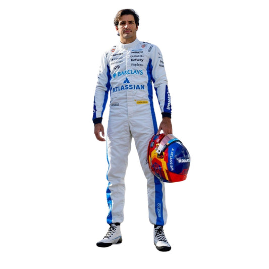 Carlos Sainz wearing a Williams racing suit with various sponsor logos with Front View