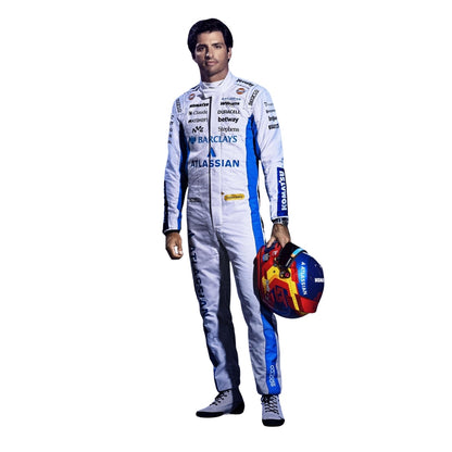 Carlos Sainz wearing a Williams racing suit with various sponsor logos with Front View