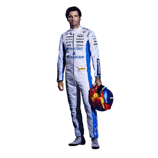 Carlos Sainz wearing a Williams racing suit with various sponsor logos with Front View
