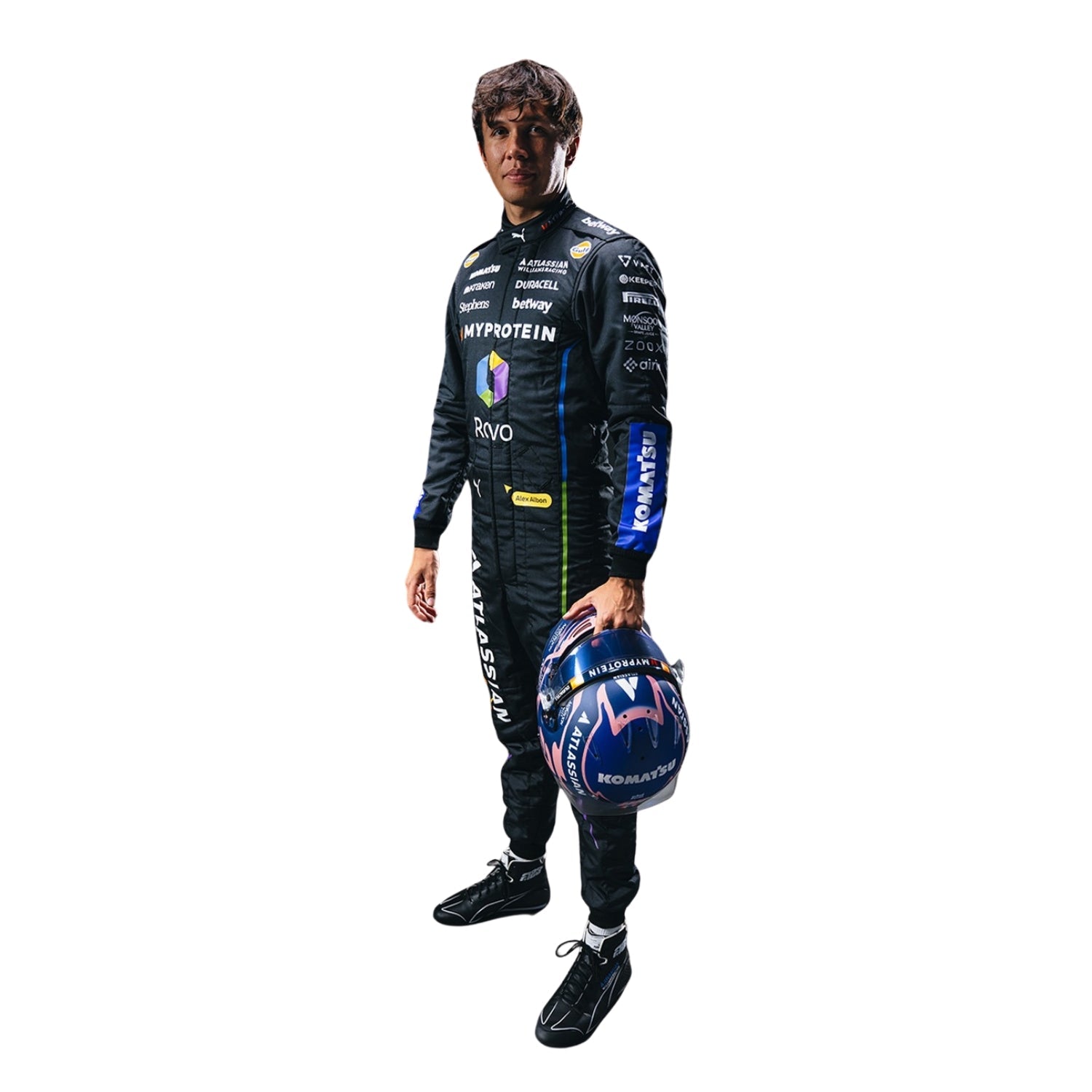 Alexender wearing 2025 las vegas a racing suit holding a helmet on a white background