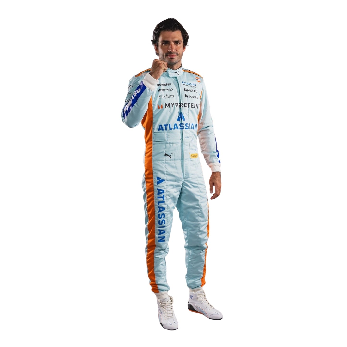 Carlos Full front view of wearing a 2025 racing suit with various brand logos on a white background