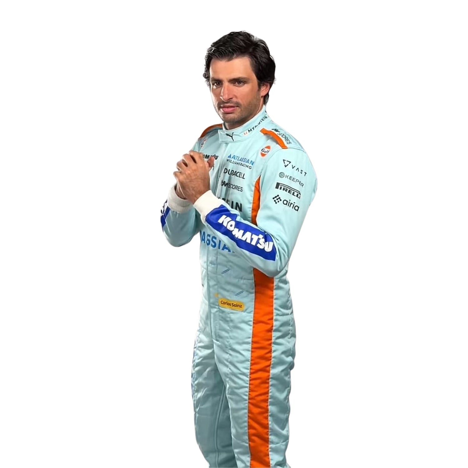 Close Up view of Carlos wearing a light blue racing suit with orange accents on a white background