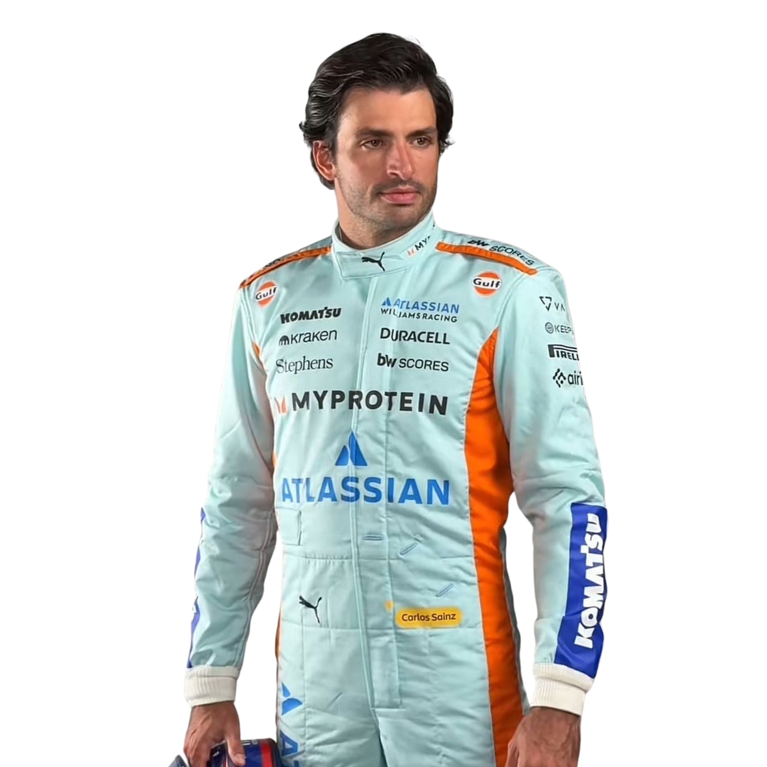 Close Up Front View of Carlos Sainz wearing a light blue 2025 racing suit with various sponsor logos on a white background