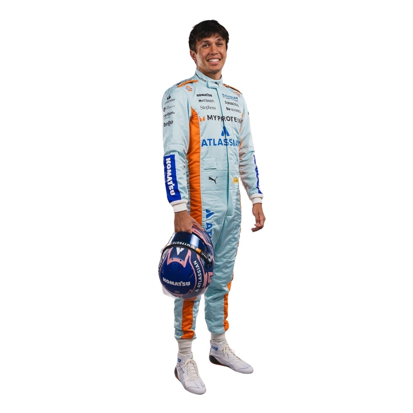 Alexender wearing a racing suit with various sponsor logos on a white background