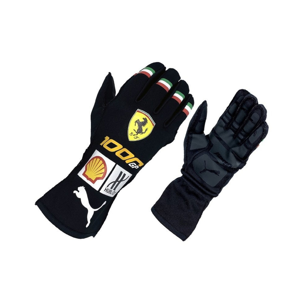 Black Charles Leclerc 2020 1000GP F1 race gloves with sponsor logos on a white background