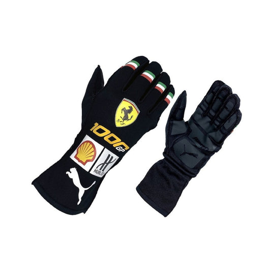 Black Charles Leclerc 2020 1000GP F1 race gloves with sponsor logos on a white background