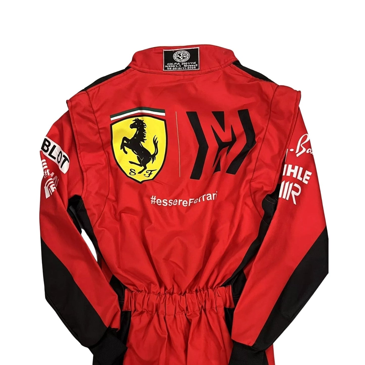 Rear view of the 2021 Charles Leclerc F1 suit, showcasing name detailing and structured paneling for movement and airflow.
