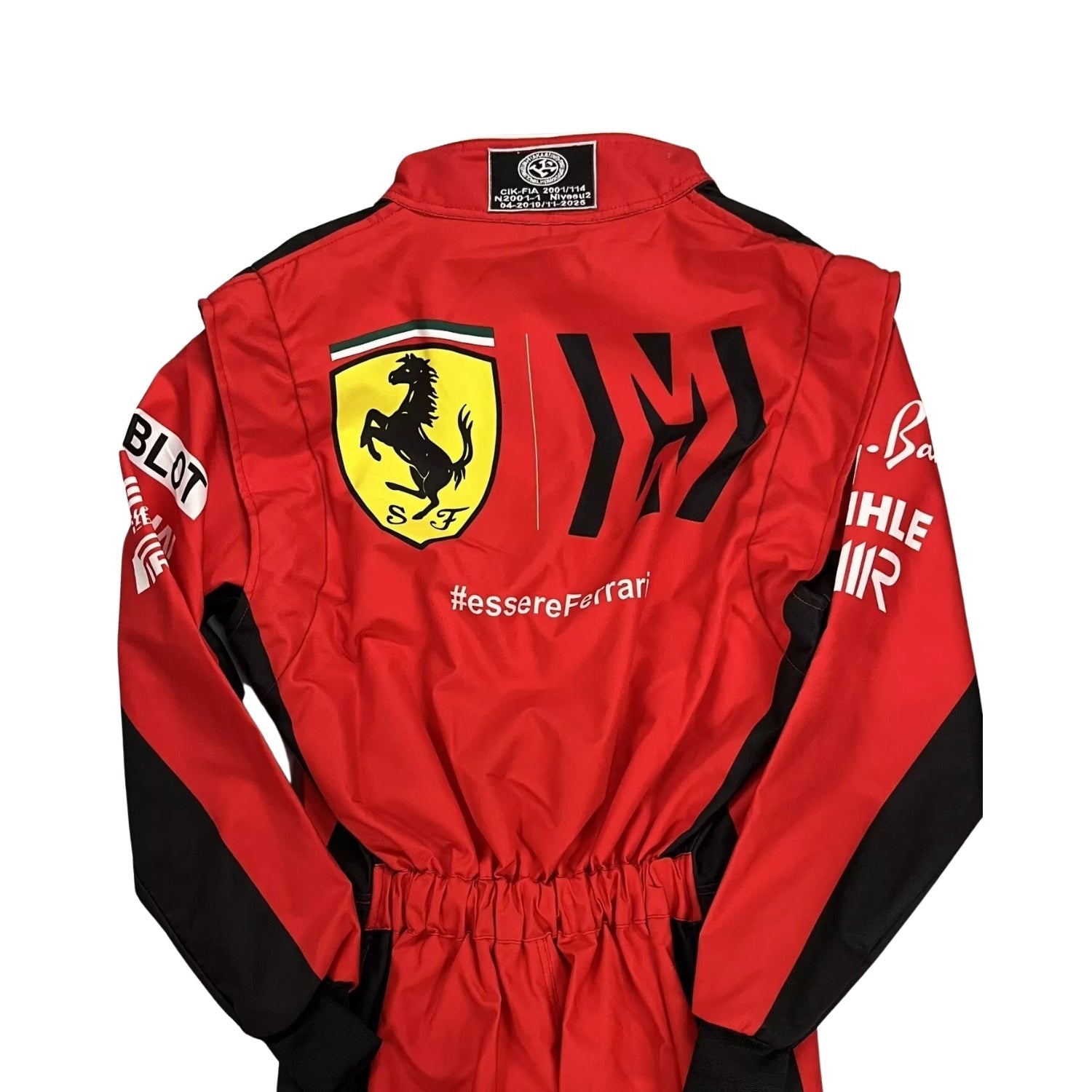 Rear view of the 2021 Charles Leclerc F1 suit, showcasing name detailing and structured paneling for movement and airflow.