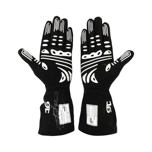 Pair of black Charles Leclerc 2022 F1 race gloves with white patterns on a white background