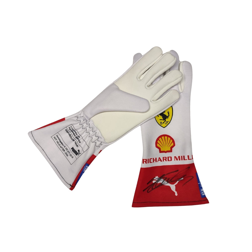 White Charles Leclerc 2023 Monaco GP F1 Race gloves with red and blue accents featuring a logo on a white background