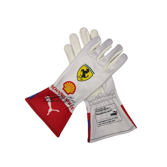 Pair of Charles Leclerc 2023 Monaco GP F1 Race gloves with Ferrari and Shell logos on a white background
