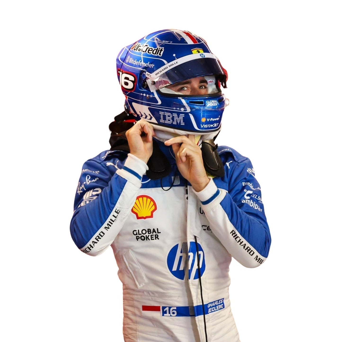 Detailed close-up of the Miami GP 2025 racing suit materials, including high-contrast stitching, driver name embroidery, and premium patches tailored for Leclerc.