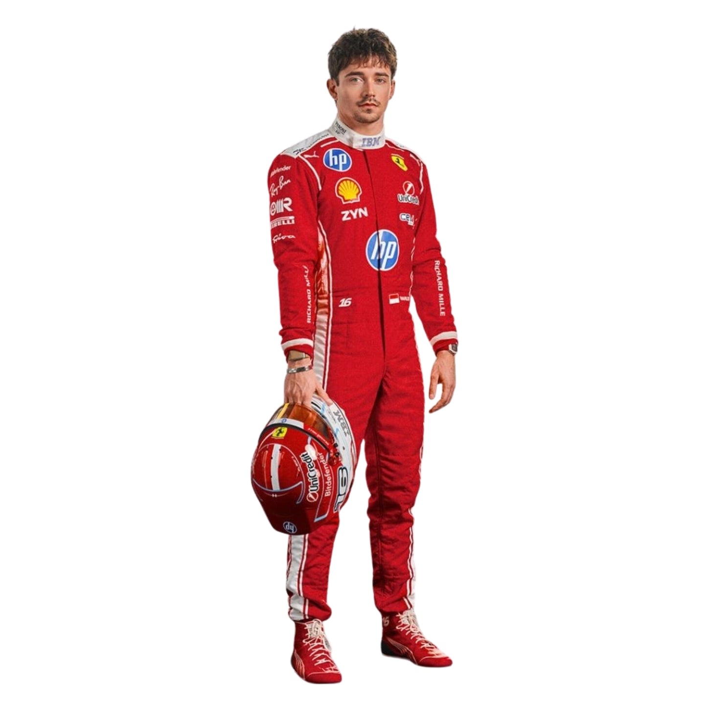 Charles Leclerc wearing a Ferrari 2026 red f1 racing suit with various sponsor logos - StormX Gear