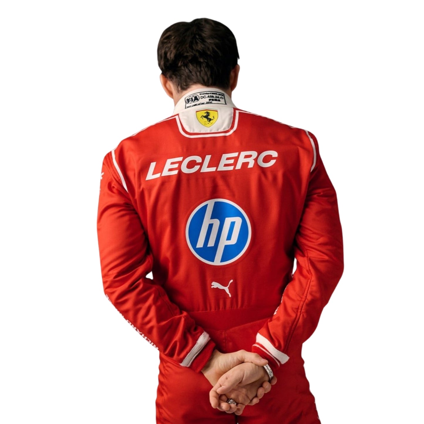 Back View of Charles Leclerc wearing a 2026 Ferrari f1 red racing suit with 'LECLERC' and 'hp' logos - Stromx Gear