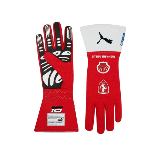 Red Charles Leclerc F1 race gloves with sponsor logos on a white background