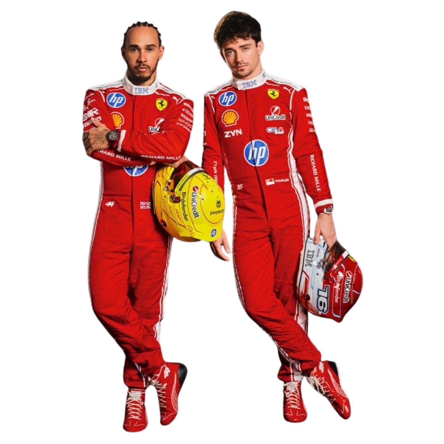 Charles Leclerc & Lewis Hamilton F1 Racing Costume 2026 in Ferrari red racing suits with various sponsor logos on a white background.