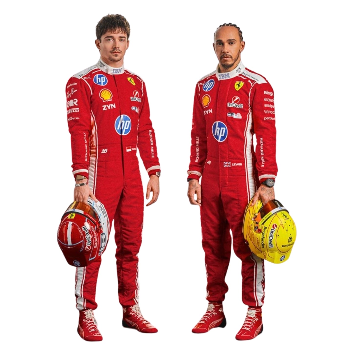 Charles Leclerc & Lewis Hamilton F1 Racing Costume 2026 - in Ferrari red racing suits with various sponsor logos, holding helmets.