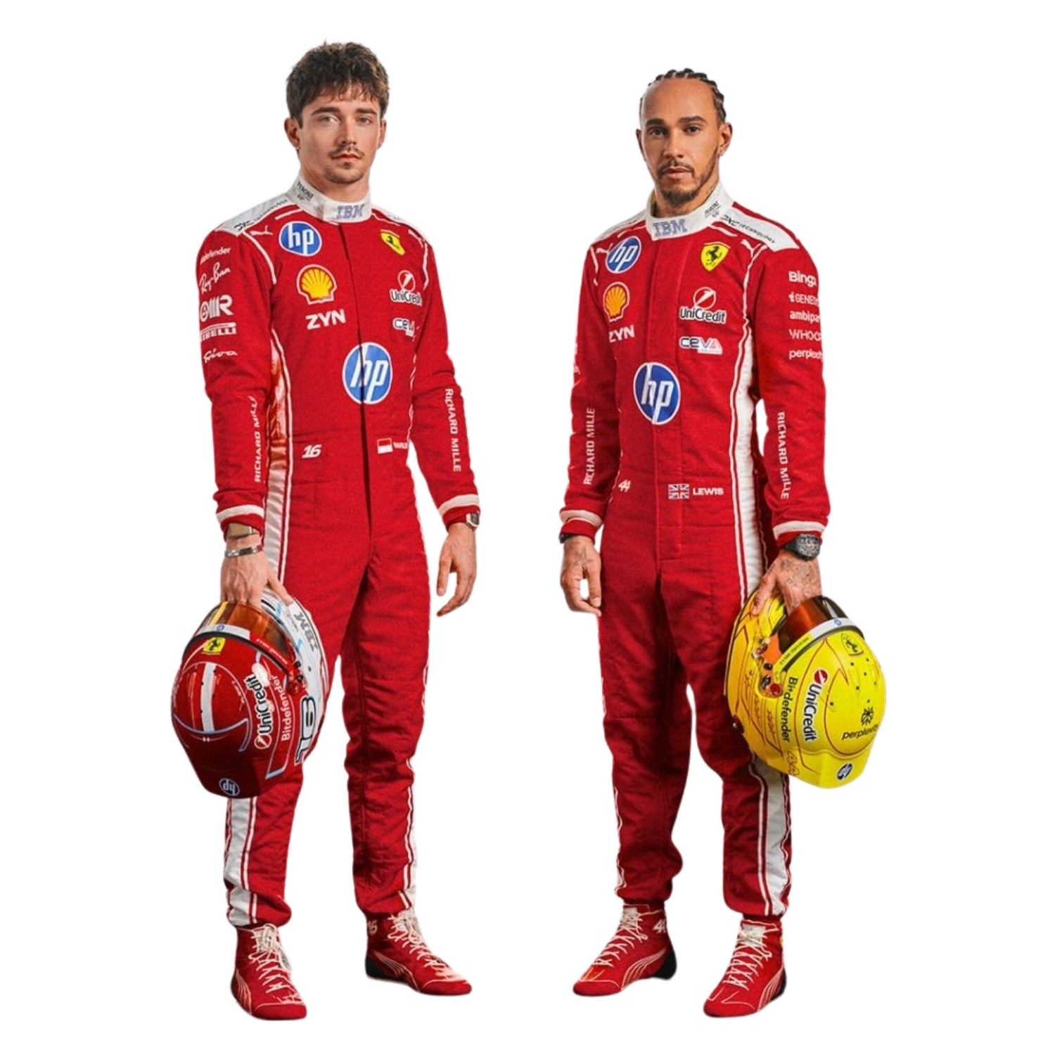 Charles Leclerc & Lewis Hamilton F1 Racing Costume 2026 - in Ferrari red racing suits with various sponsor logos, holding helmets.