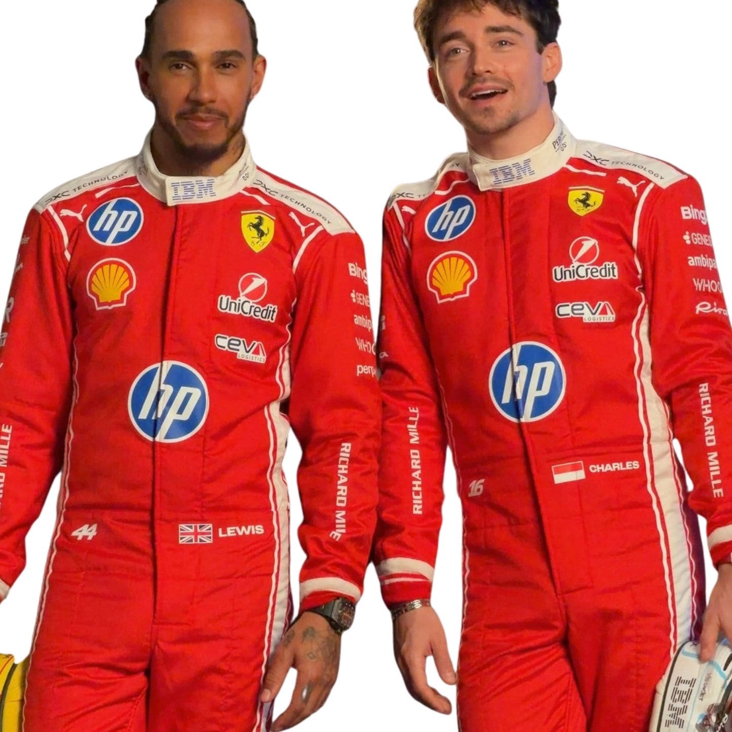 Charles Leclerc & Lewis Hamilton wearing Ferrari F1 2026 red racing suits with various sponsor logos on a white background