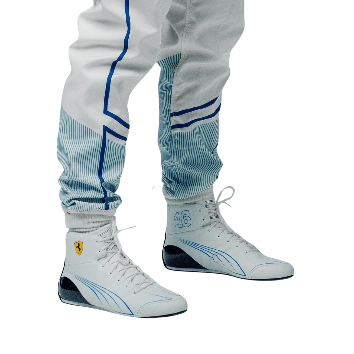 Charles Leclerc's White 2025 Monaco GP Ferrari F1 racing suit with blue accents and matching shoes on a white background