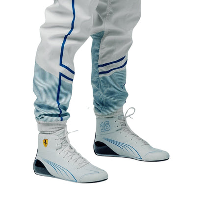Charles Leclerc's White 2025 Monaco GP Ferrari F1 racing suit with blue accents and matching shoes on a white background