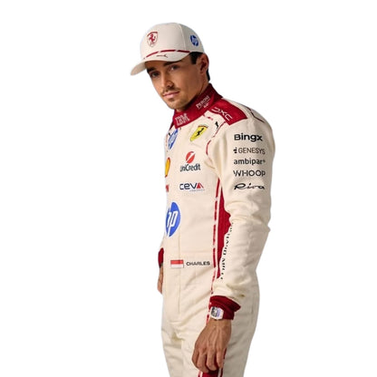 Charles Leclerc wearing Ferrari Monaco GP racing suit with various sponsor logos with Close View
