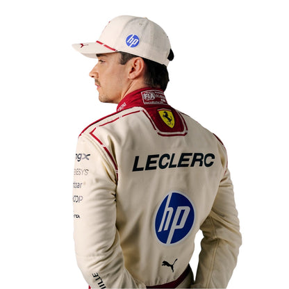 Charles Leclerc wearing Ferrari Monaco GP racing suit with various sponsor logos with Close View