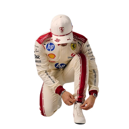 Charles Leclerc wearing Ferrari Monaco GP racing suit with various sponsor logos with Front View