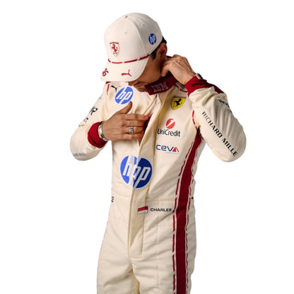 Charles Leclerc wearing Ferrari Monaco GP racing suit with various sponsor logos with Close View