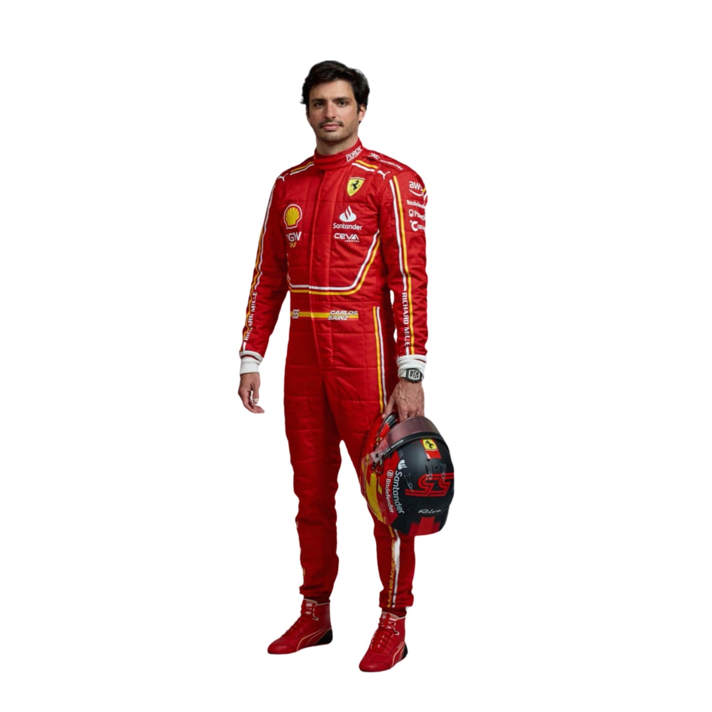 Front view of Carlos Sainz's 2024 F1 racing suit in red with yellow accents, showcasing a vibrant design with sponsor logos.