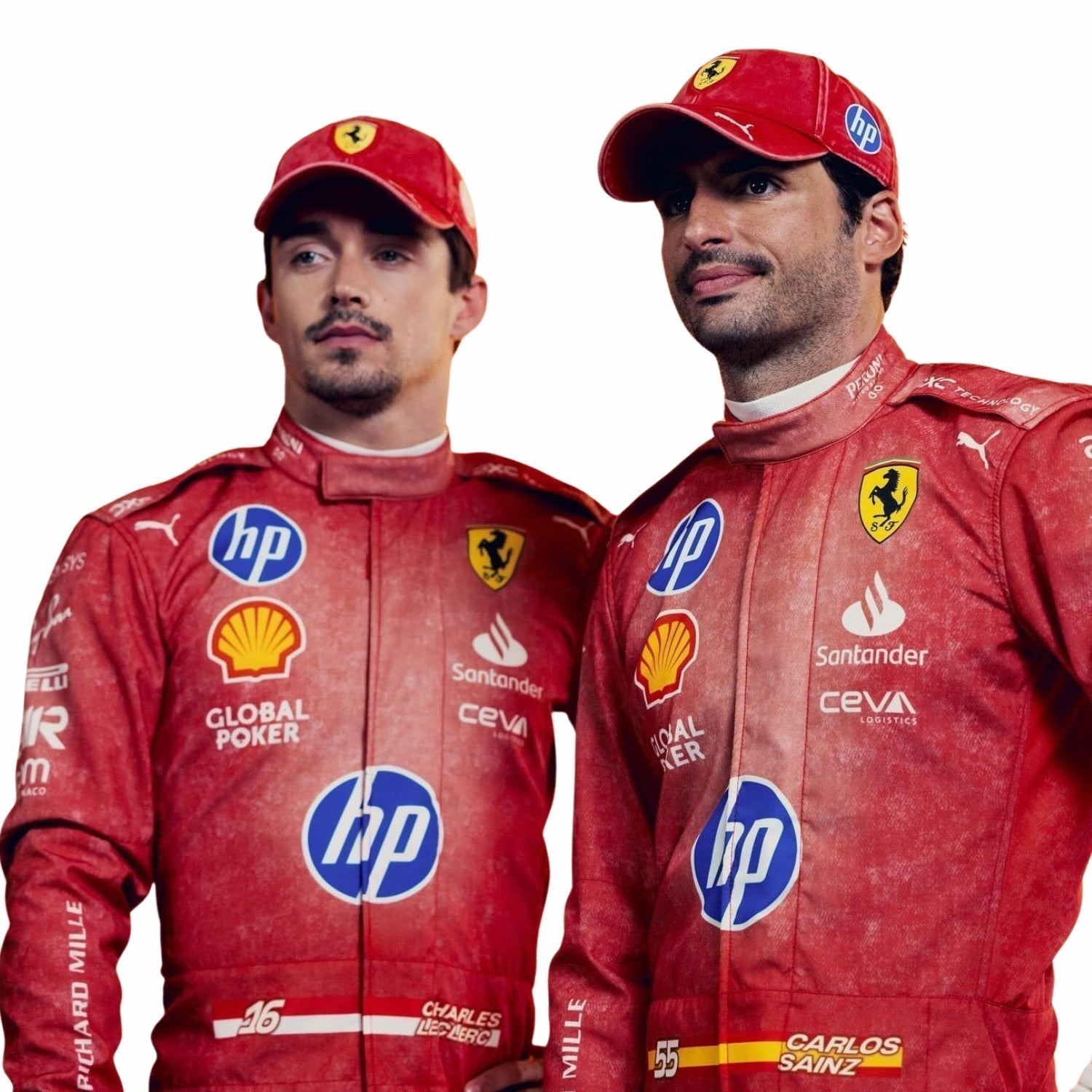 Charles Leclerc and Carlos Sainz Jr. in 2024 Ferrari red Las Vegas GP F1 racing suits with various logos on a white background