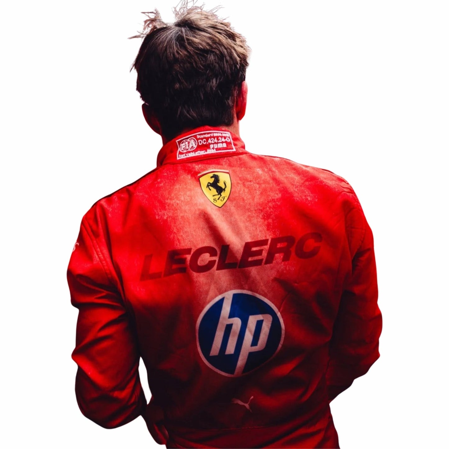 Back view of Charles Leclerc wearing a 2024 Ferrari red Las Vegas GP F1 racing jacket with 'Leclerc' and 'hp' logos on a white background