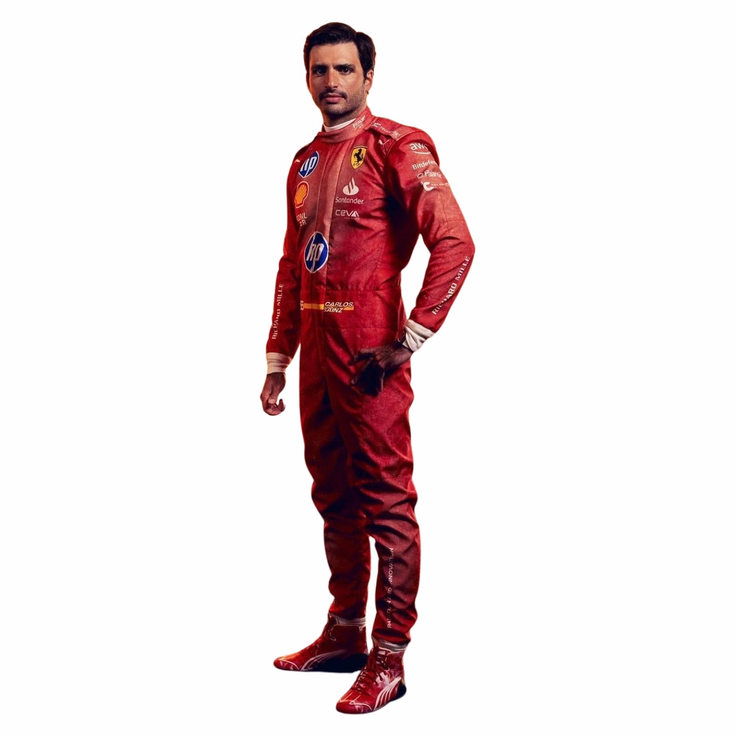Carlos Sainz Jr. is wearing a 2024 Ferrari red Las Vegas GP F1 racing suit with various logos on a white background