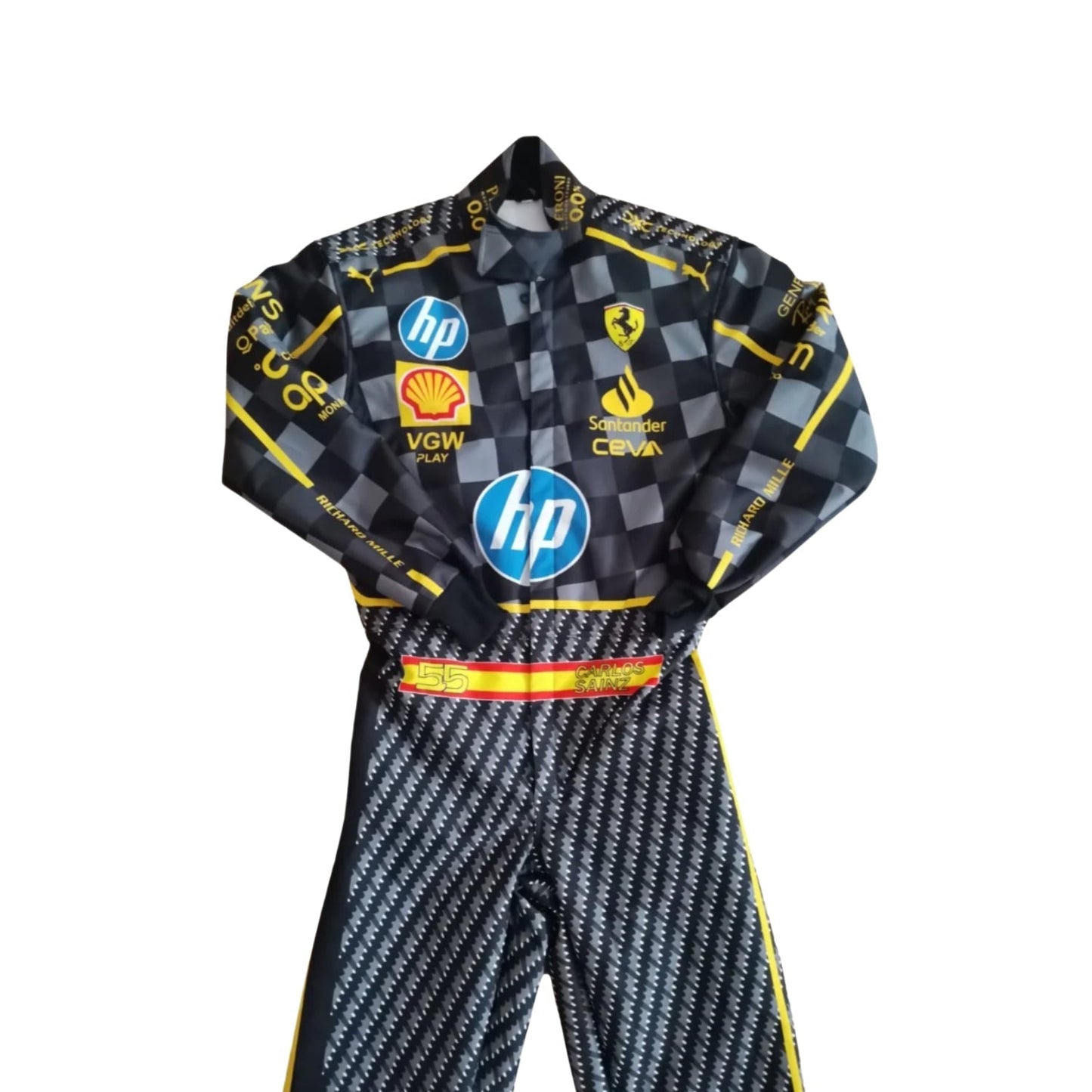 Close-up of the 2024 Italian GP F1 race suit inspired by Carlos Sainz Jr., showing the intricate black carbon fiber texture and yellow stitching.