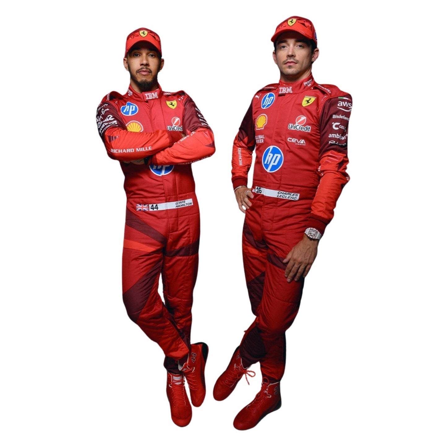 Charles Leclerc and Lewis Hamilton -  in Ferrari red 2025 Las Vegas GP F1 racing suits with various sponsor logos on a white background
