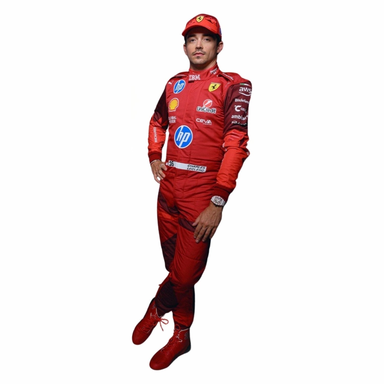 Charles Leclerc, wearing a 2025 Ferrari red Las Vegas GP F1 racing suit with various sponsor logos on a white background