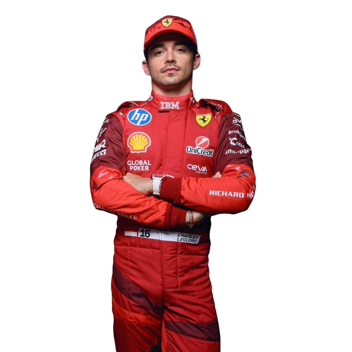 Close-up view of Charles Leclerc wearing a 2025 Ferrari red Las Vegas GP F1 racing suit with various sponsor logos on a white background