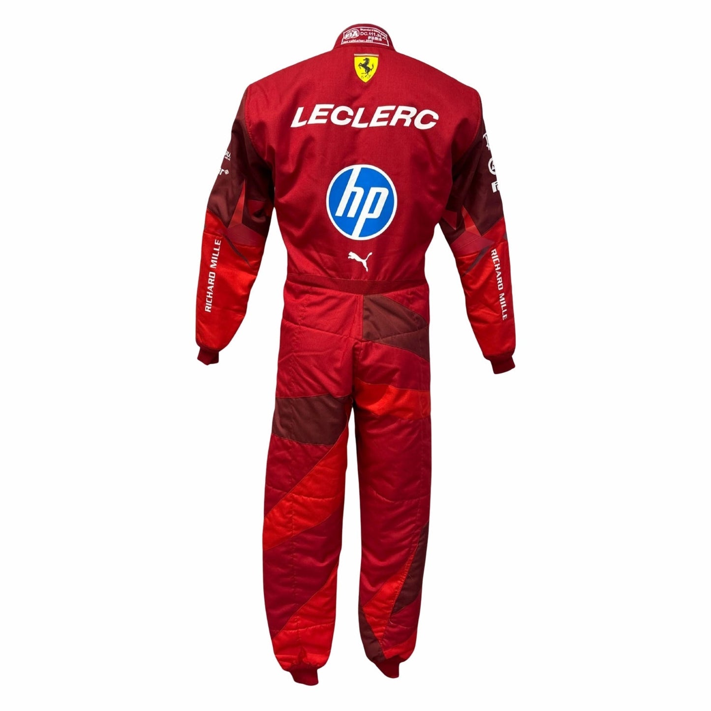 Charles Leclerc's 2025 Ferrari Red Las Vegas GP F1 racing suit with "HP" and "Puma" branding on a white background