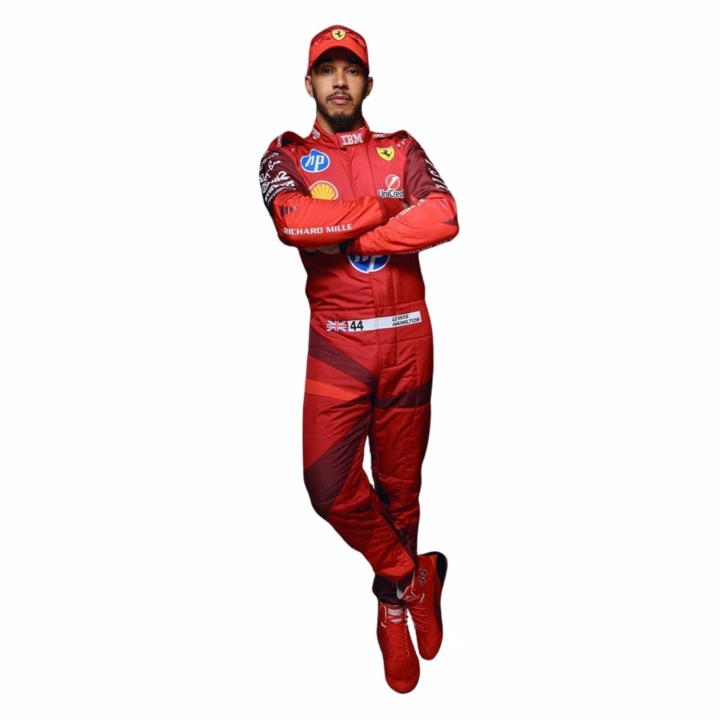 Lewis Hamilton is wearing a 2025 Ferrari red Las Vegas GP F1 racing suit with various logos on a white background