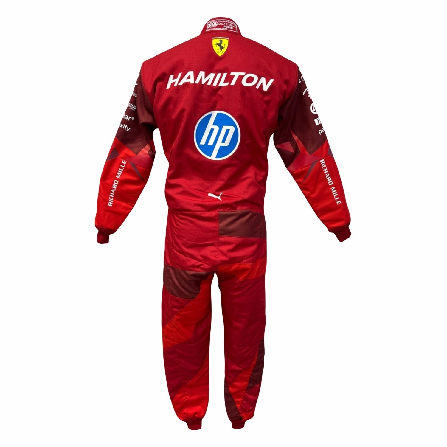 Lewis Hamilton 2025 Ferrari Red Las Vegas GP F1 racing suit with 'Hamilton' and 'hp' logos on a white background